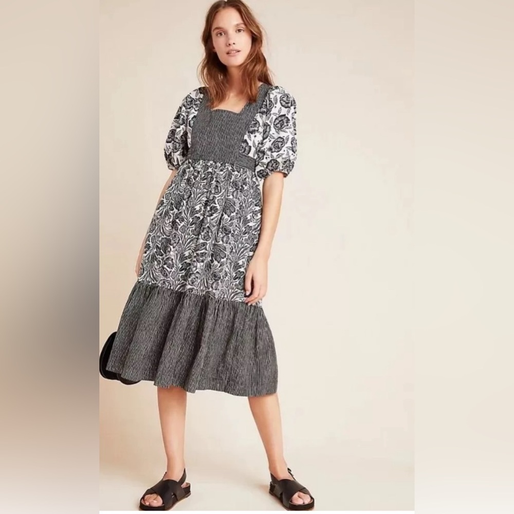 Beautiful Anthropologie Adrienne Flounced Midi Dress by Blooming Print NEW